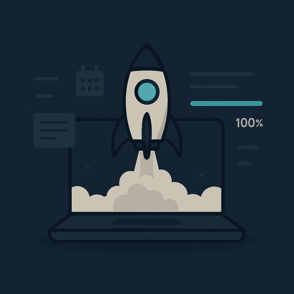 Stylized 3D rocket launching, symbolizing rapid deployment.